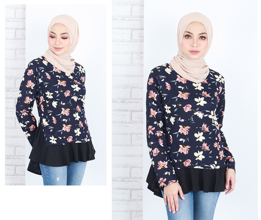 QA-663 FLORAL PRINTED A LINE BLOUSE DARK BLUE