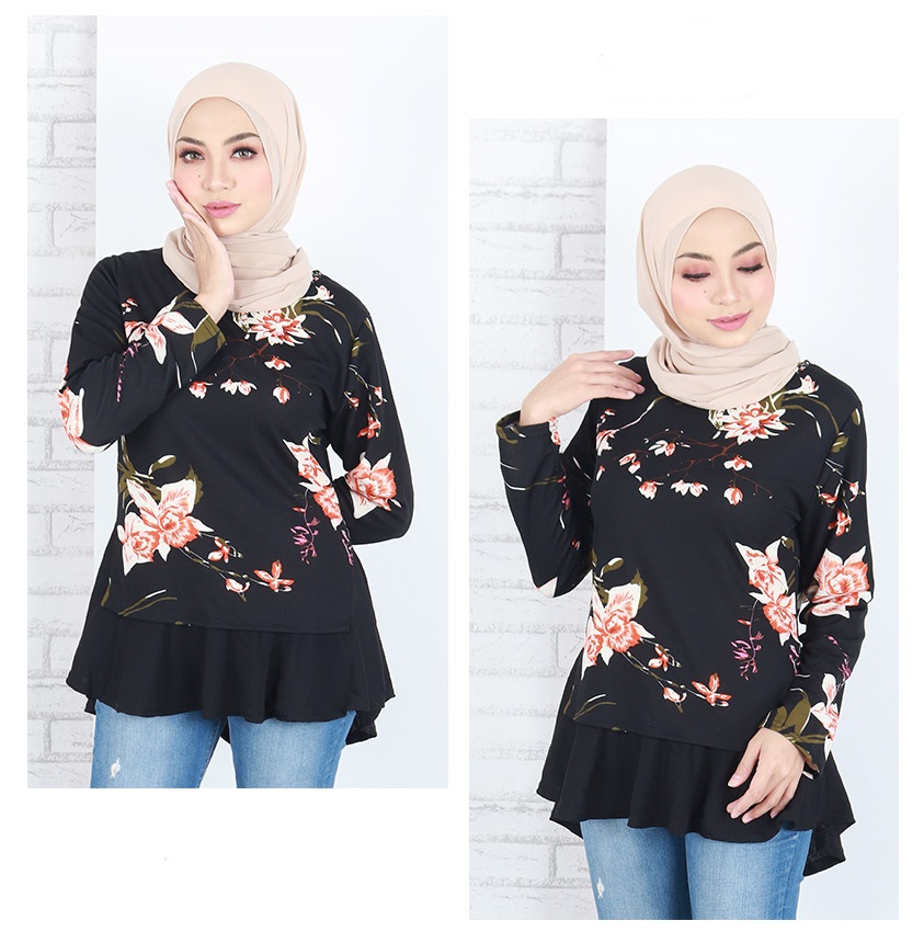 QA-663 FLORAL PRINTED A LINE BLOUSE BLACK