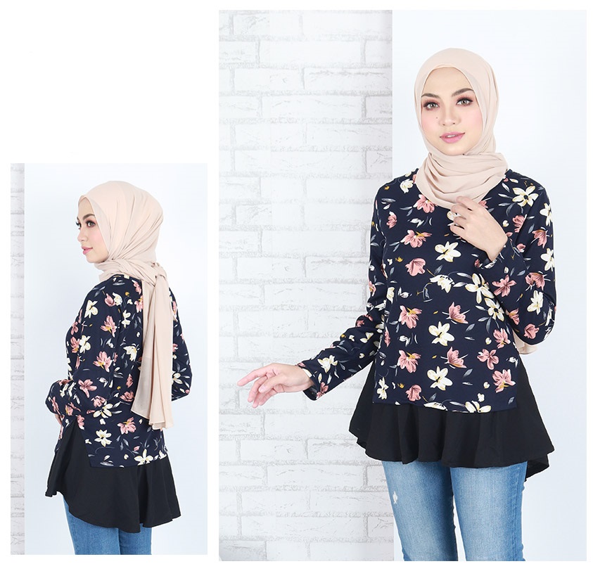 QA-663 FLORAL PRINTED A LINE BLOUSE DARK BLUE