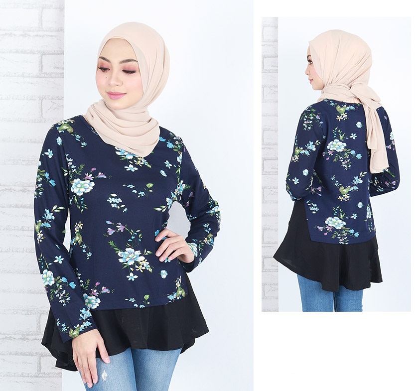 QA-663 FLORAL PRINTED A LINE BLOUSE NAVY BLUE