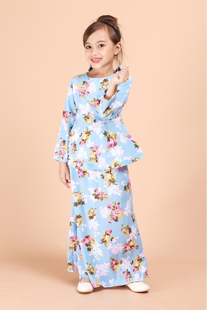 QA-695 KIDS FLORAL KURUNG SKY BLUE