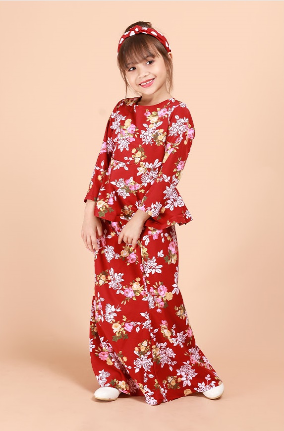 QA-695 KIDS FLORAL KURUNG RED