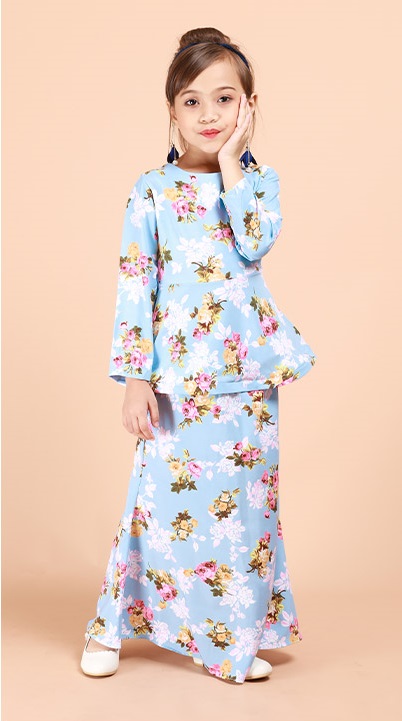 QA-695 KIDS FLORAL KURUNG SKY BLUE