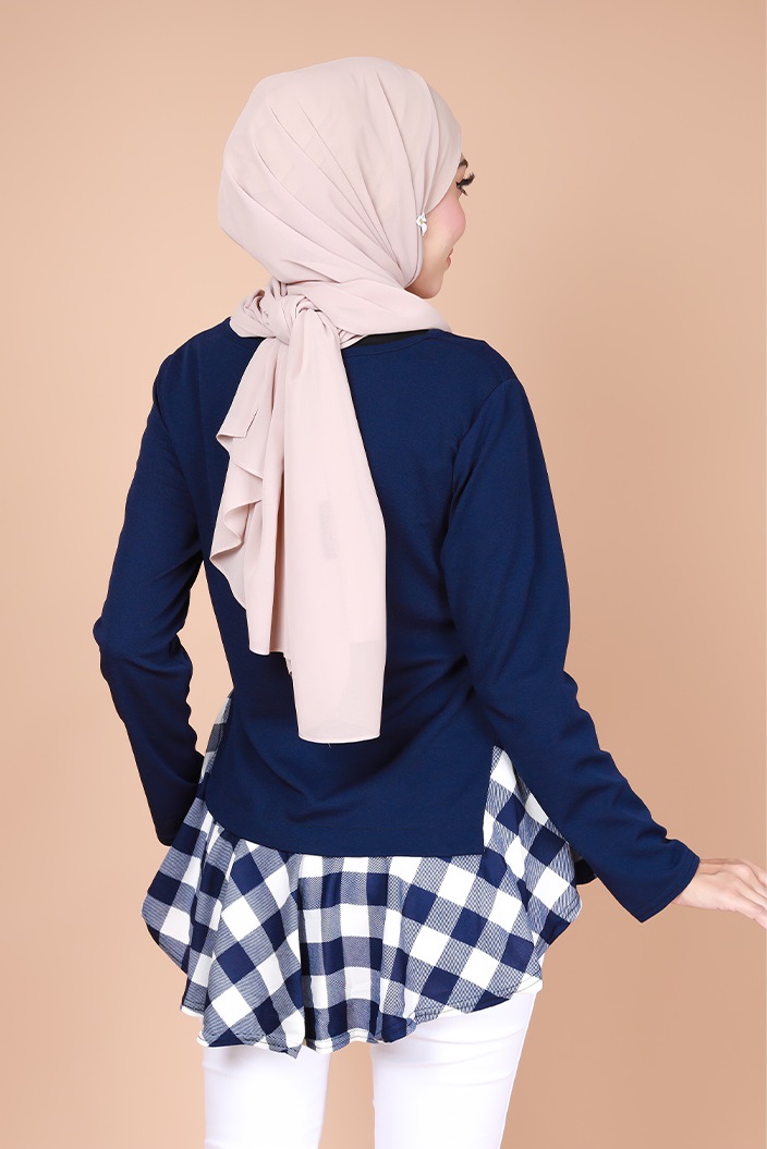 QA-734 CHECKER BLOUSE NAVY BLUE