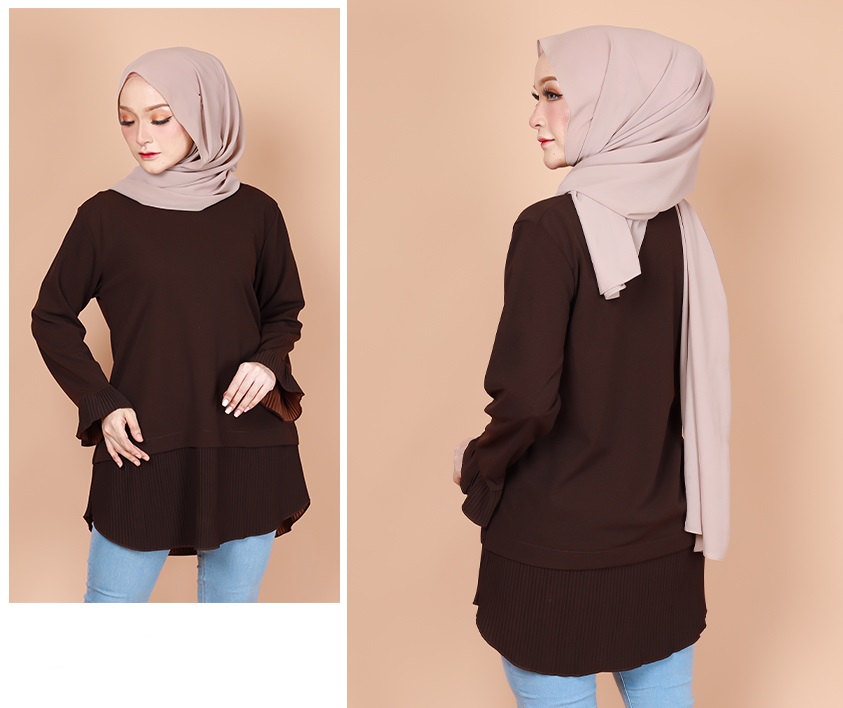 QA-738 PLEATED PLAIN BLOUSE DARK BROWN