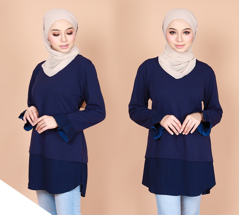 QA-738 PLEATED PLAIN BLOUSE NAVY BLUE