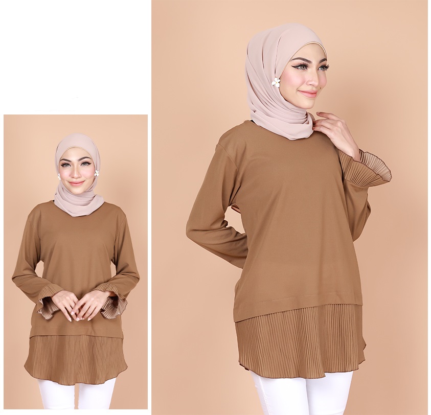 QA-738 PLEATED PLAIN BLOUSE BROWN