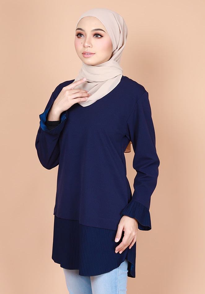 QA-738 PLEATED PLAIN BLOUSE NAVY BLUE