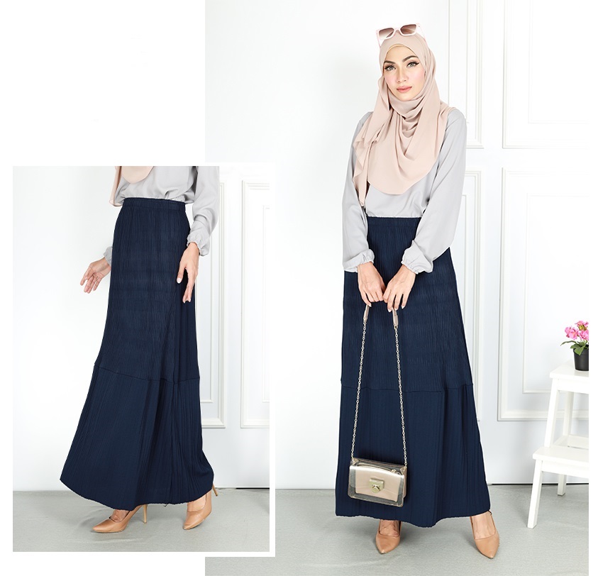 QA-751 PLEATED MAXI SKIRT NAVY BLUE