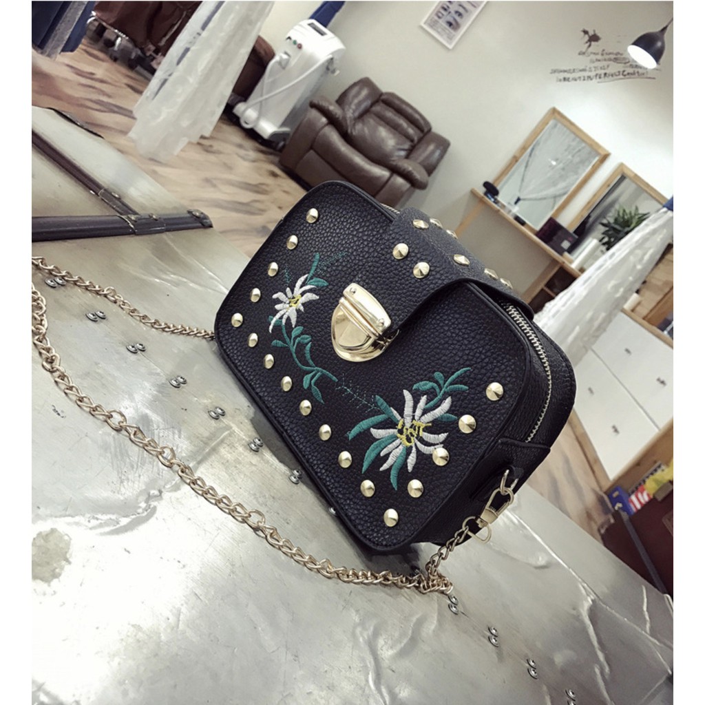 KW80812 Embroidery Women's Sling Bag Black