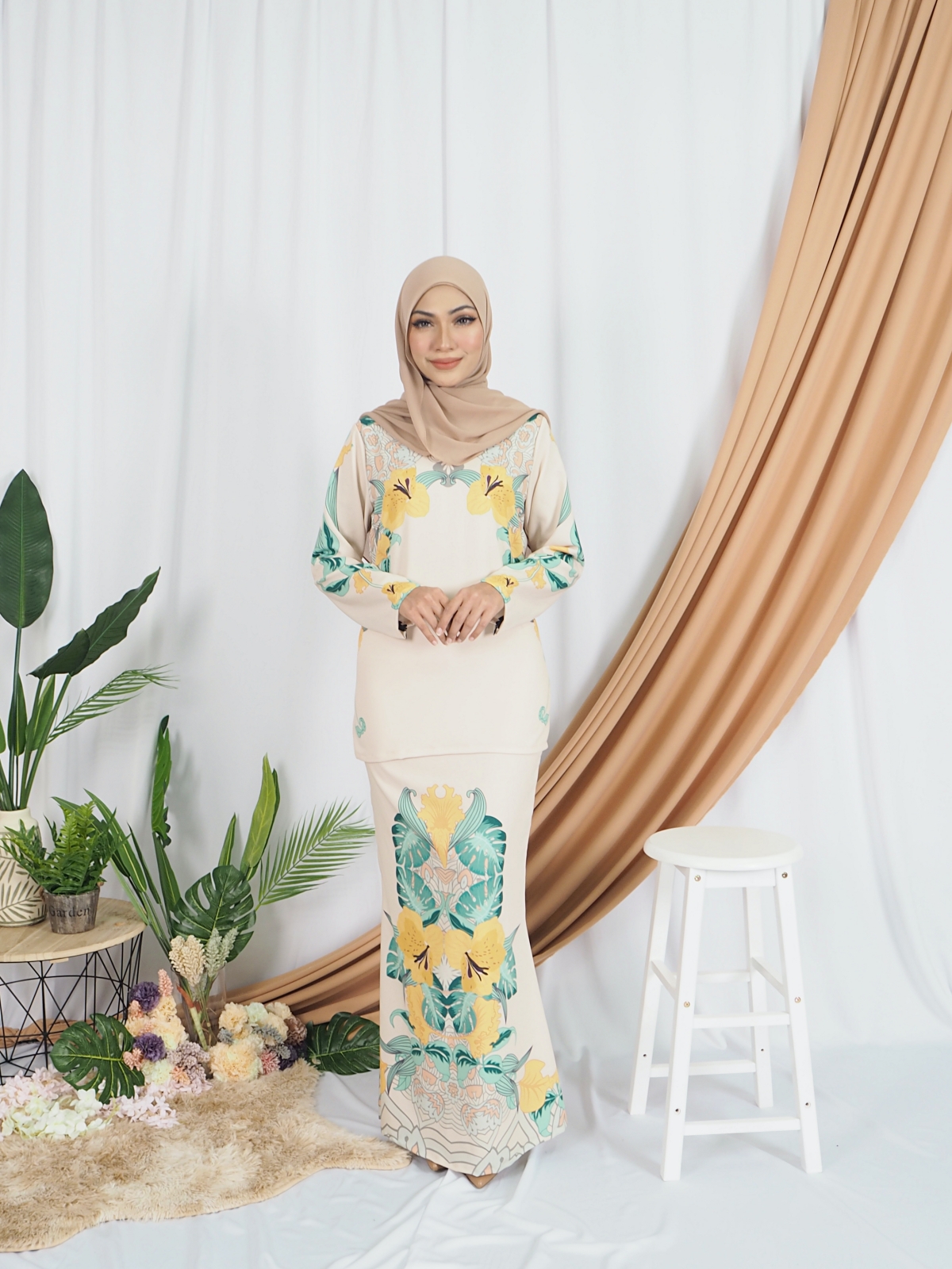 SW5404 Floral Printed Baju Kurung Cream