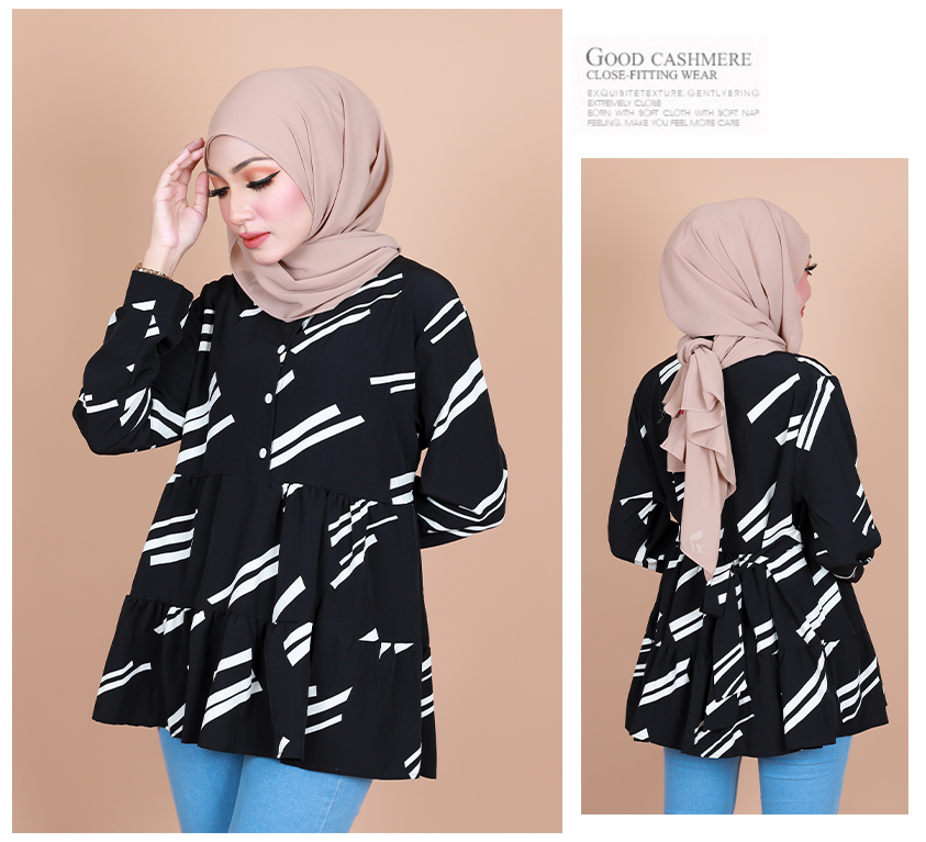 QA-838 - Front Button Line Blouse Black White Line