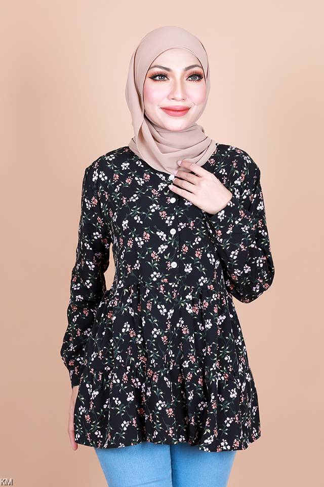 QA-838 - Front Button Line Blouse Black Flower