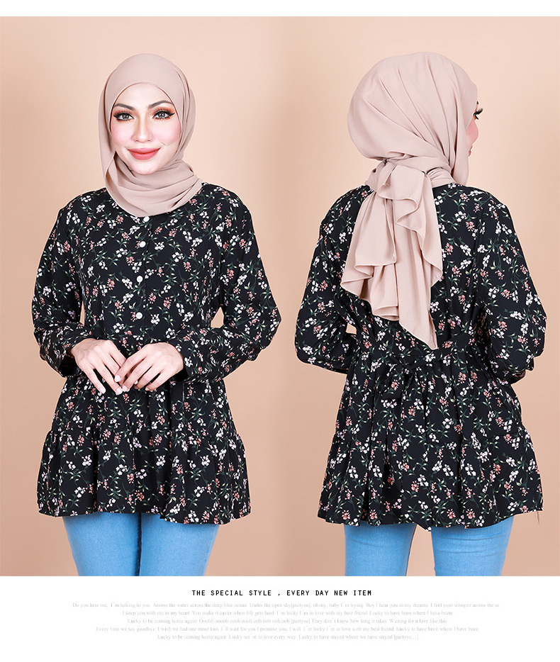 QA-838 - Front Button Line Blouse Black Flower