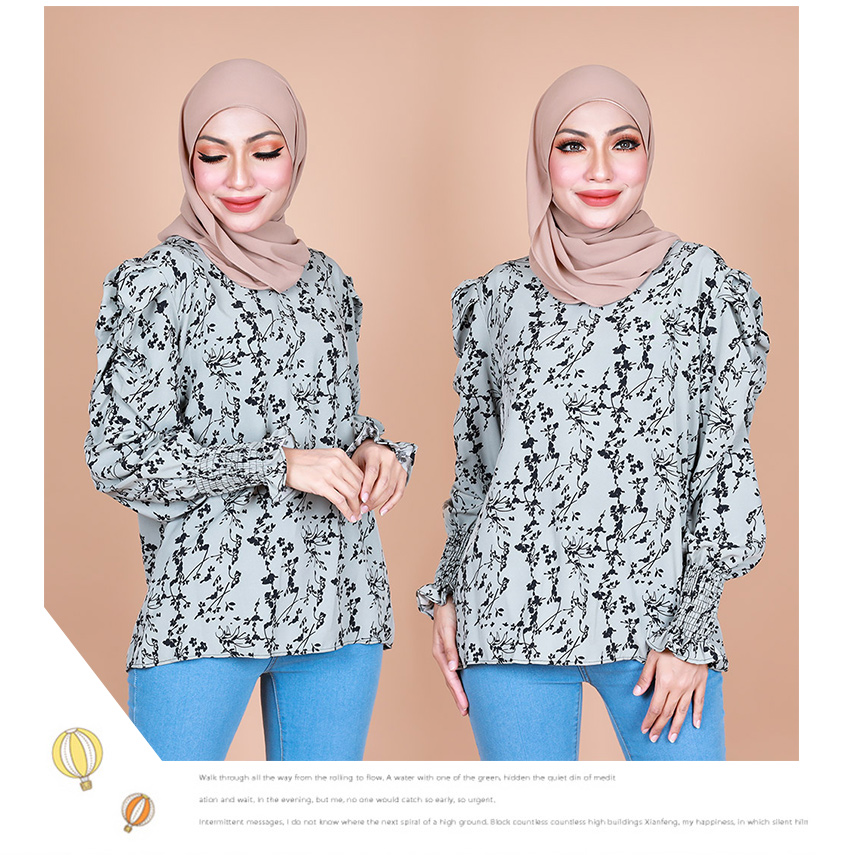 QA-867 - Stylish Puff Sleeve Flora Blouse OliveGrey