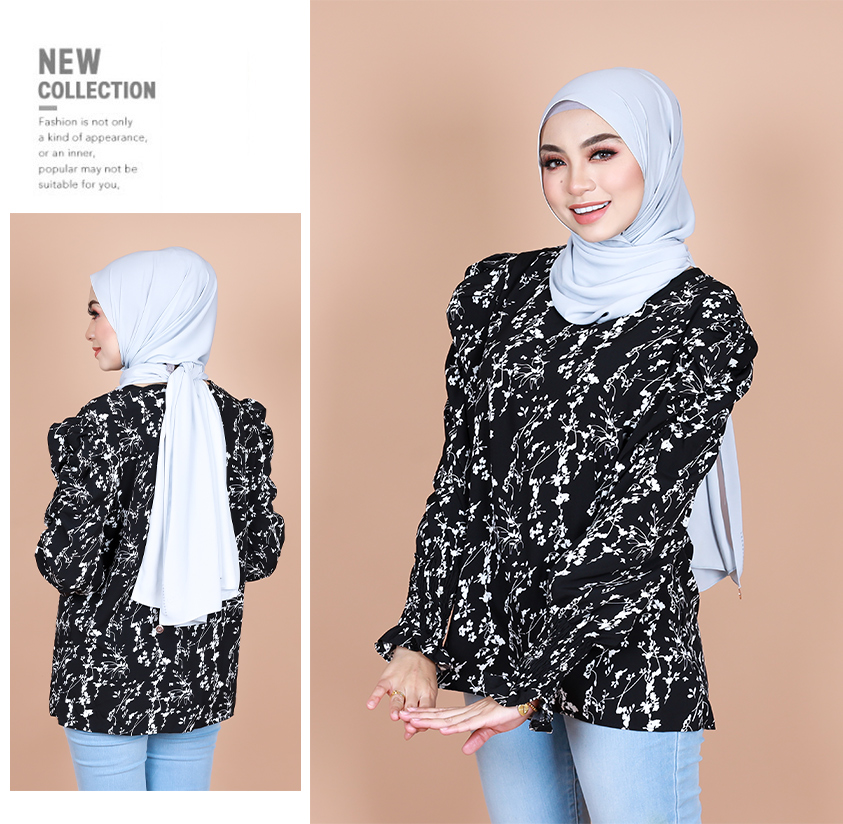 QA-867 - Stylish Puff Sleeve Flora Blouse Black