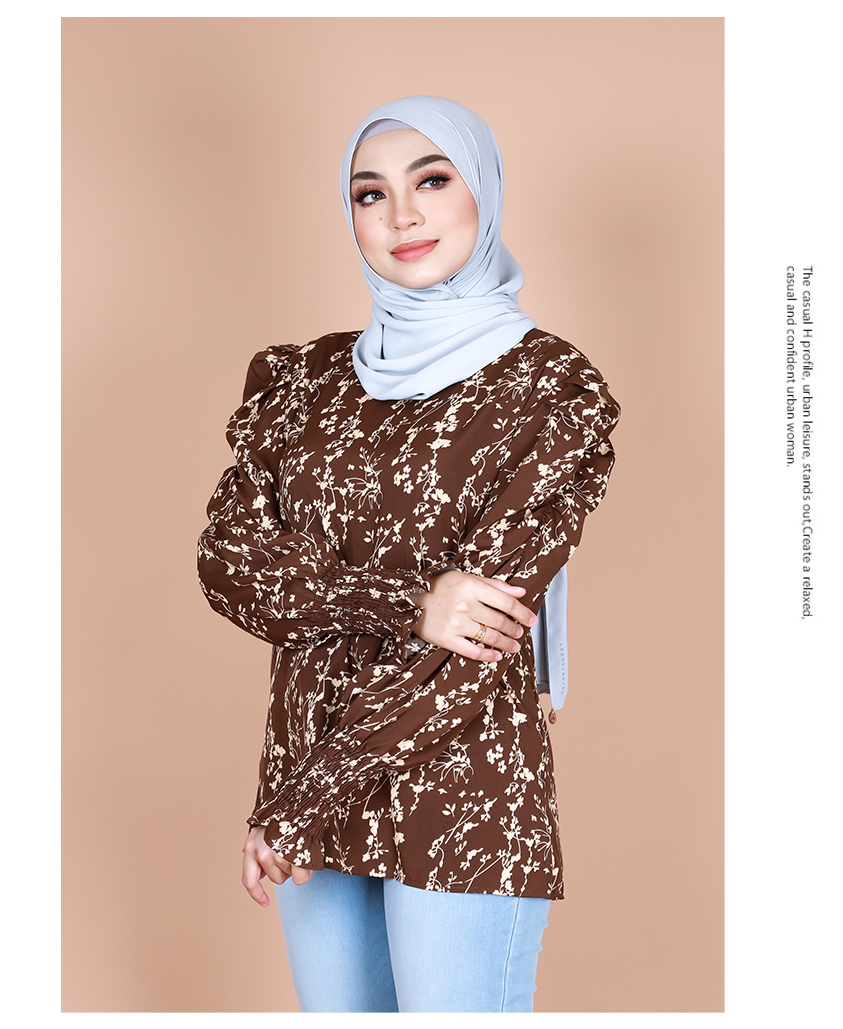 QA-867 - Stylish Puff Sleeve Flora Blouse Brown