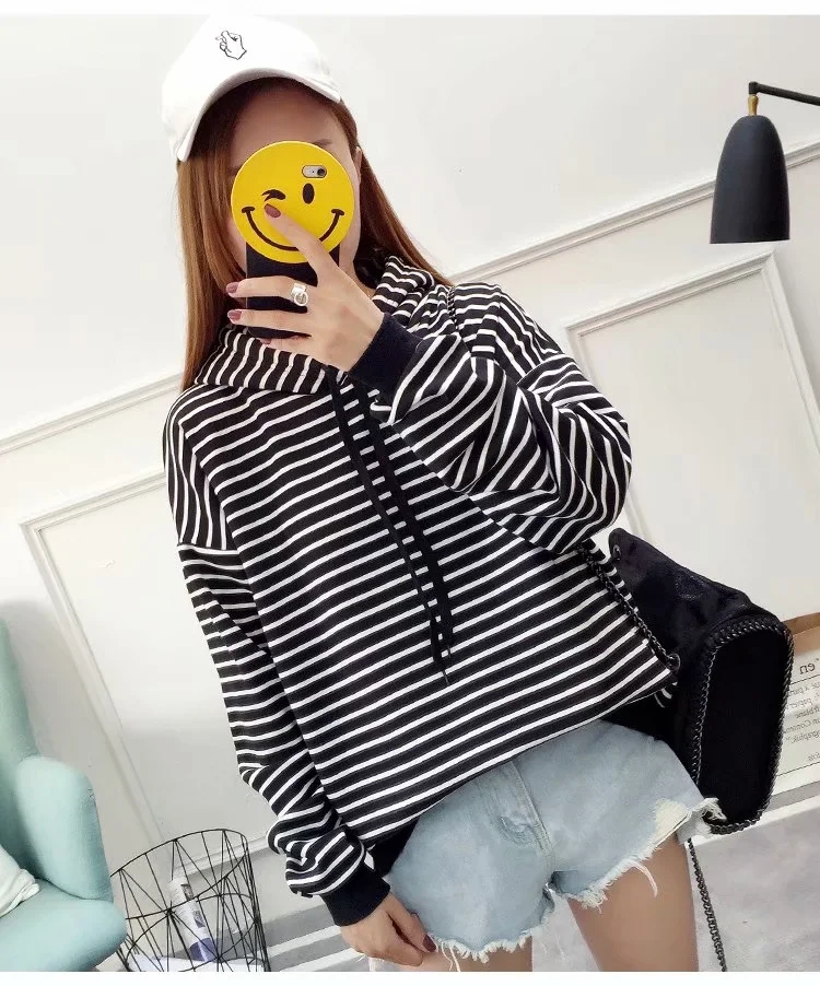 QA-874 - Fashion Stripe Hooded Top Black