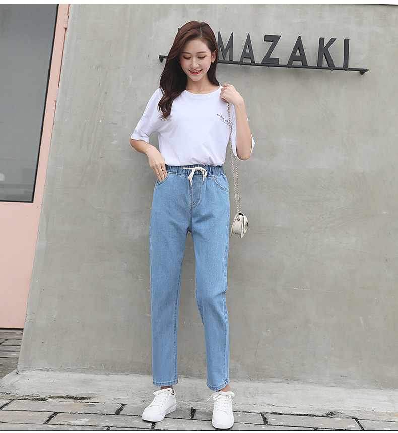 QA-887 Fashion Elastic Waist Denim Pant Light Blue